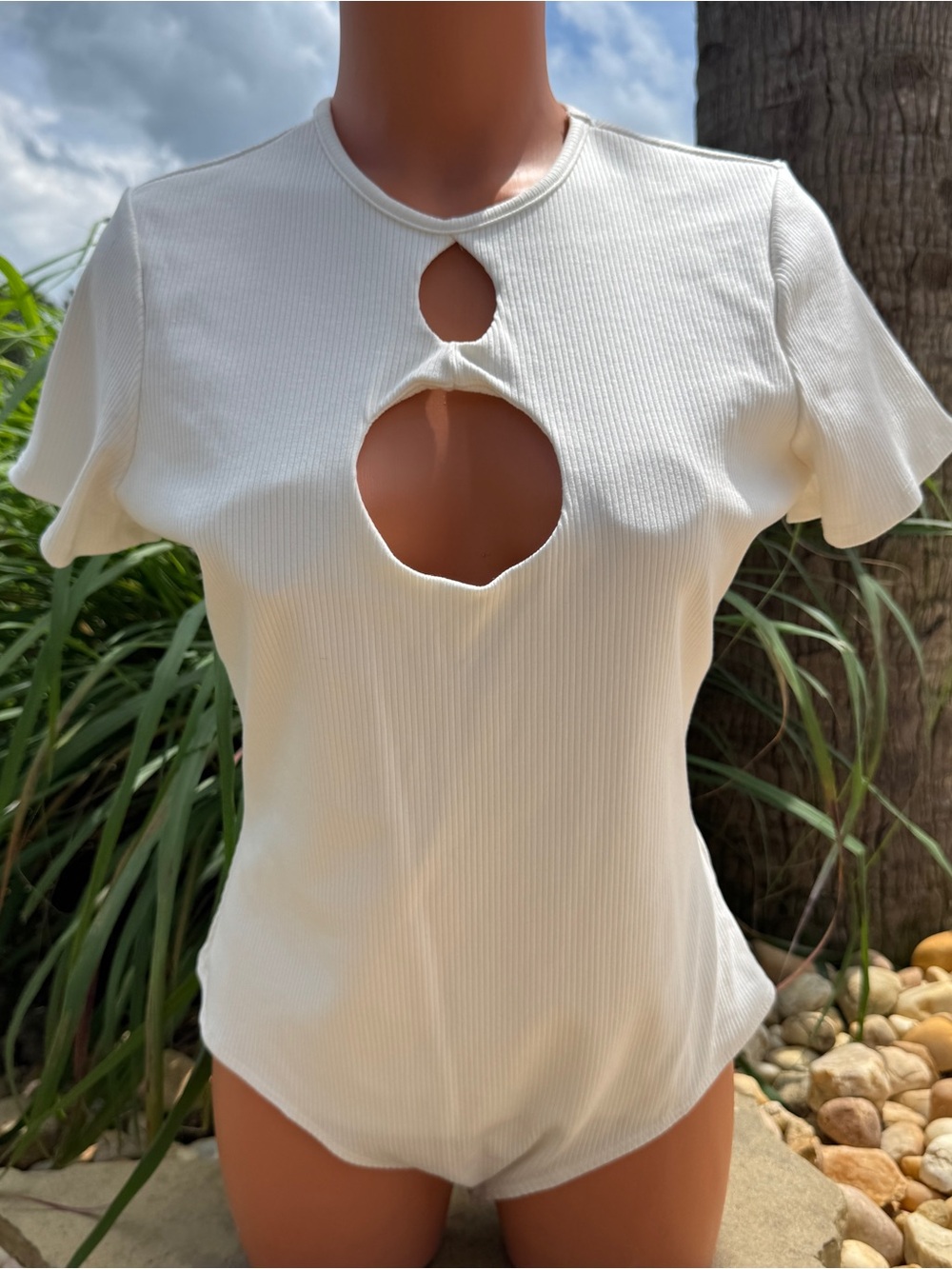 Lulu's White Let's Circle Back Ivory Ribbed Short Sleeve Cutout Bodysuit